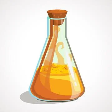 Cartoon flask with orange potion. Vector illustration Illustrazione stock