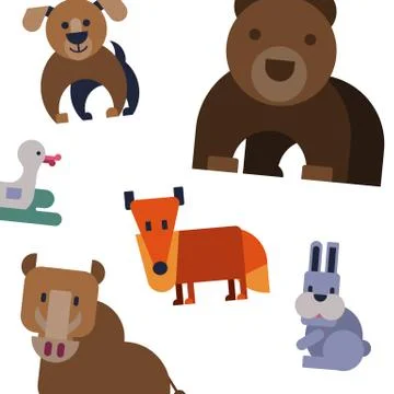 Cartoon flat animals vector pattern with cute bear, dog, fox,duck and rabbit Stock Illustration