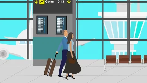Cartoon Flat animation of Couple walking in the airport Stock Footage 273111155