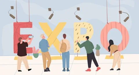 Cartoon flat characters and big text lettering 'expo',vector illustration Stock-Illustration