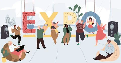 Cartoon flat characters and big text lettering 'expo',vector illustration Stock-Illustration