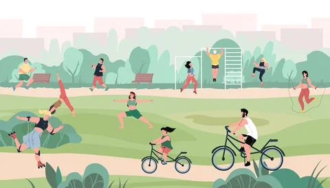 Cartoon flat characters doing various outdoor sport activities at city park Stock Illustration