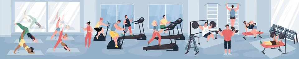 Cartoon flat characters doing various sport activities at fitness gym,healthy Stock Illustration
