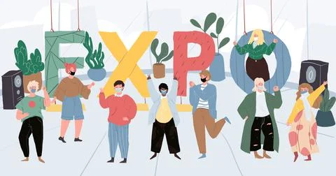 Cartoon flat characters in face masks and big text lettering 'expo',vector Stock Illustration