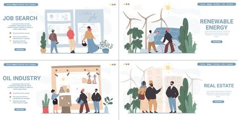 Cartoon flat characters look at information stands at the exhibition,set of Stock-Illustration