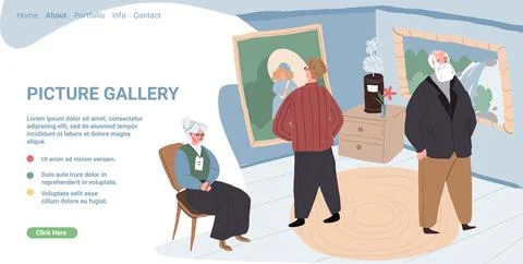 Cartoon flat characters at picture gallery exhibition,vector landing page Stock Illustration
