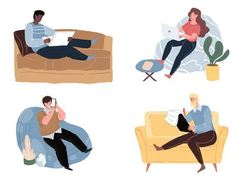 Cartoon flat characters sitting on sofa and chairs,home leisure and online work Stock Illustration
