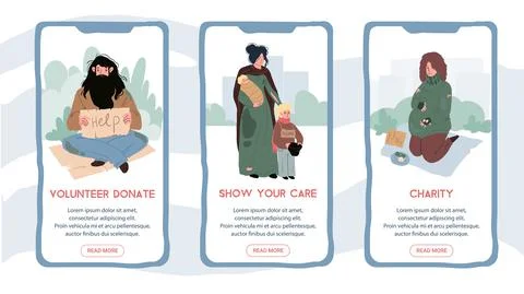 Cartoon flat characters on smartphone app screens,social support mobile online Stock Illustration