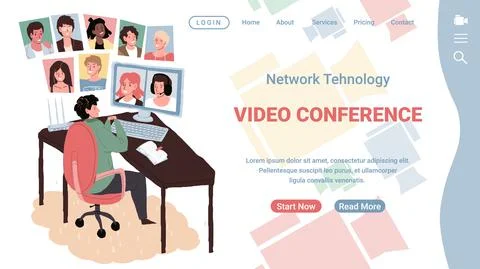 Cartoon flat characters using online video messenger conference communication 스톡 일러스트