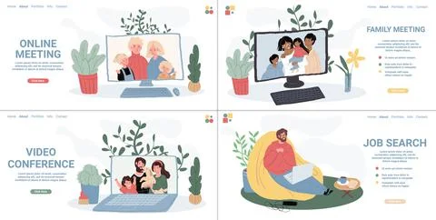 Cartoon flat characters using online video messenger conference communication on 스톡 일러스트