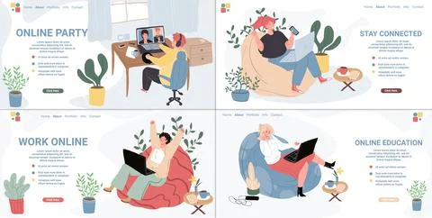 Cartoon flat characters using online video messenger conference communication on 스톡 일러스트