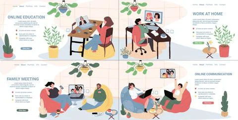 Cartoon flat characters using online video messenger conference communication on 스톡 일러스트