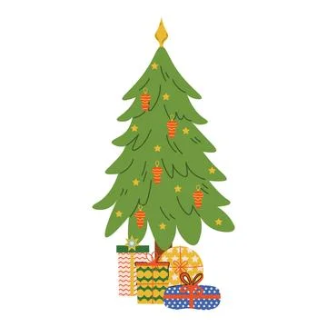 Cartoon flat Christmas tree with gift boxes under it. Cozy festive image fo.. Stock Illustration