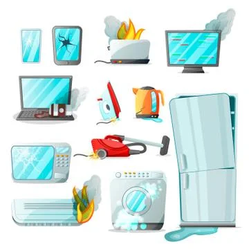 Cartoon flat consumer electronics home appliances with different damages,vect Stock Illustration