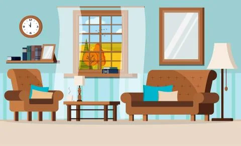 Cartoon flat design vector illustration of cozy living room with furniture an Stock Illustration