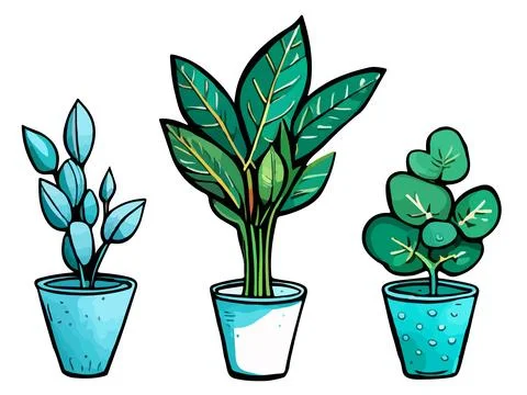 Cartoon flat different indoor potted decorative houseplants for interior home Stock Illustration