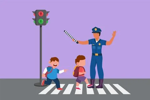 Cartoon flat drawing elementary school students crossing road on zebra cros.. 스톡 일러스트