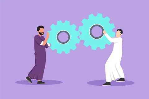 Cartoon flat drawing teamwork cooperation in gears mechanism. Two Arab busi.. Stock Illustration