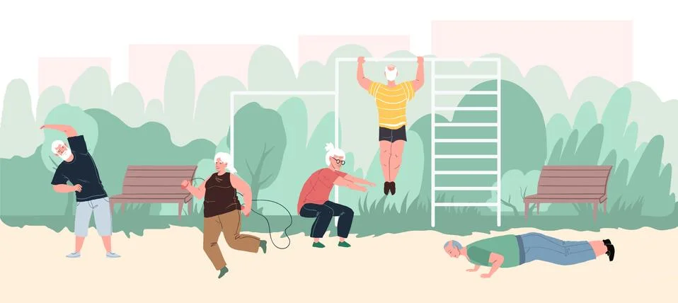 Cartoon flat elderly characters doing sport workout outdoors, vector Stock Illustration