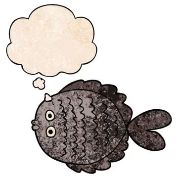Cartoon flat fish and thought bubble in grunge texture pattern style Stock Illustration