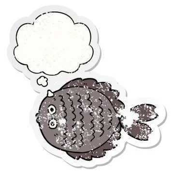 Cartoon flat fish and thought bubble as a distressed worn sticker Stock Illustration
