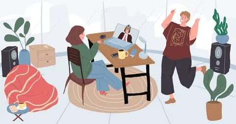 Cartoon flat freelancer character use video messenger conference in online work Stock Illustration
