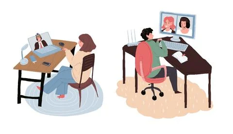 Cartoon flat freelancer characters use video messenger,vector illustration Stock Illustration