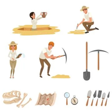 Cartoon flat icons set with tools for archaeological excavations, dinosaur Stock Illustration