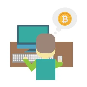 Cartoon flat illustration - mining bitcoin. A young man nerd sits behind a De Illustrazione stock