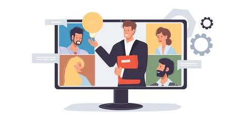 Cartoon flat man character communicates in computer app,vector illustration Stock Illustration