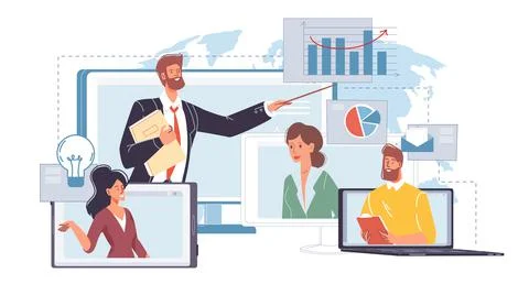 Cartoon flat man character communicates in mobile phone,computer apps,vector Illustrazione stock