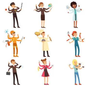 Cartoon flat multitasking characters set. Men and women with many hands. People 스톡 일러스트