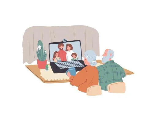 Cartoon flat old characters talking with family online,using of app for video Stock Illustration