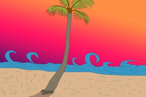 Cartoon flat panoramic landscape, sunset with the palms on colourful background Stock Illustration