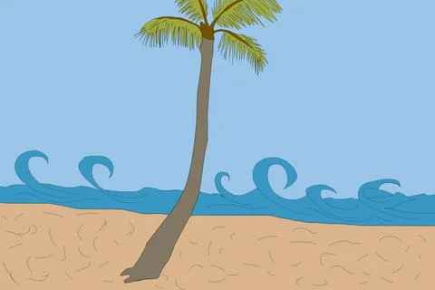 Cartoon flat panoramic landscape, sunset with the palms on colourful background Stock Illustration