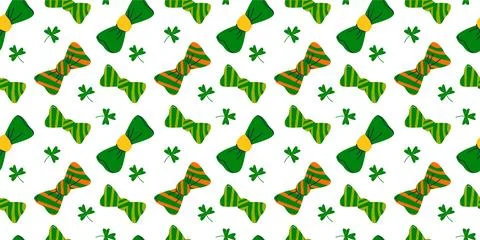 Cartoon flat Patrick Day pattern with green bows and shamrock, clover leaves. Stock Illustration