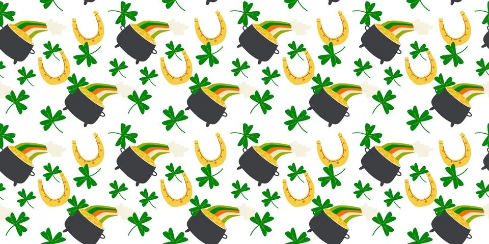 Cartoon flat Patrick Day pattern with green bows and shamrock, clover leaves. Stock Illustration