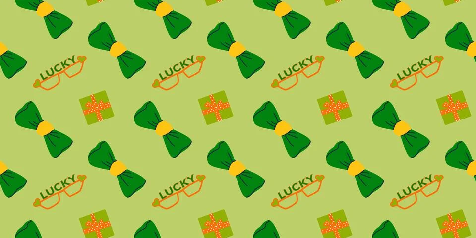 Cartoon flat Patrick Day pattern with green bows and gifts, clover leaves. Stock Illustration