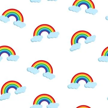 Cartoon flat rainbow and clouds seamless pattern. Stock Illustration
