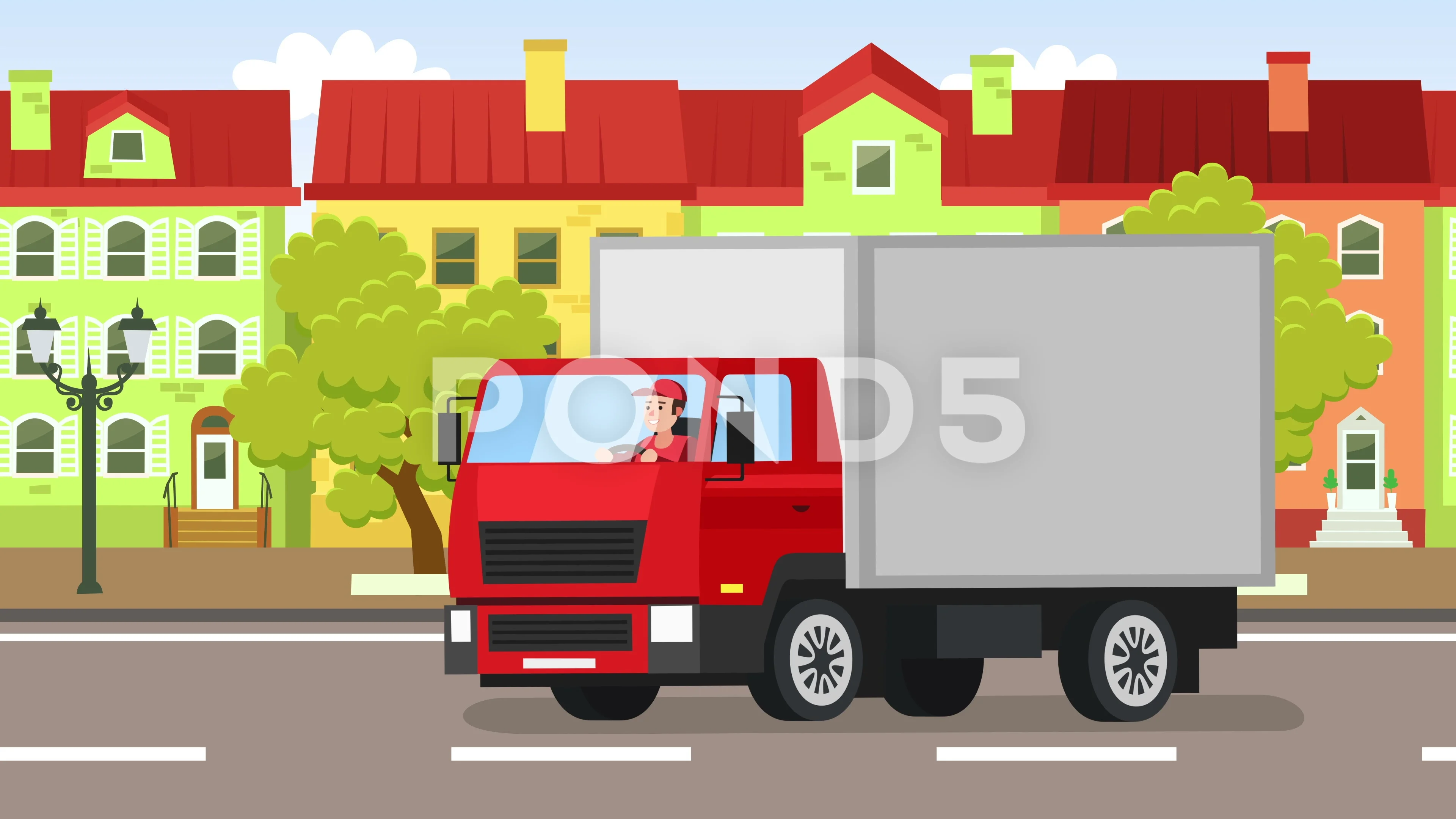 Cartoon flat red truck car with man char... | Stock Video | Pond5