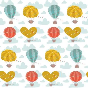 Cartoon flat seamless pattern with hot air balloons, flags and clouds. Cute Stock Illustration