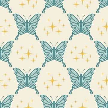 Cartoon flat seamless pattern with pastel blue butterfly and star in polka .. Illustrazione stock