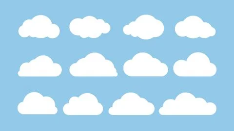 Cartoon flat set of white clouds isolated on blue background Stock Illustration