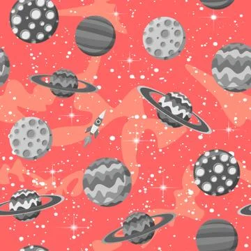Cartoon flat space with gray planets vector seamless pattern on coral background Stock Illustration