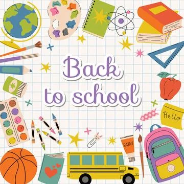Cartoon flat style Back to School poster with checkered background and scho.. Stock Illustration