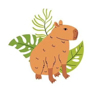 Cartoon flat style capybara surrounded by tropical leaf composition. Stock Illustration