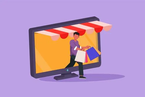 Cartoon flat style drawing active young man coming out of monitor screen ho.. Stock-Illustration