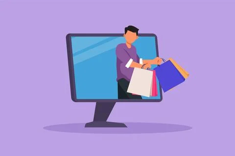 Cartoon flat style drawing active man coming out of monitor computer screen.. Stock Illustration