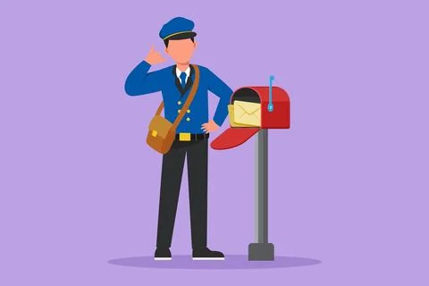 Cartoon flat style drawing active postman with call me gesture standing in .. Stock Illustration