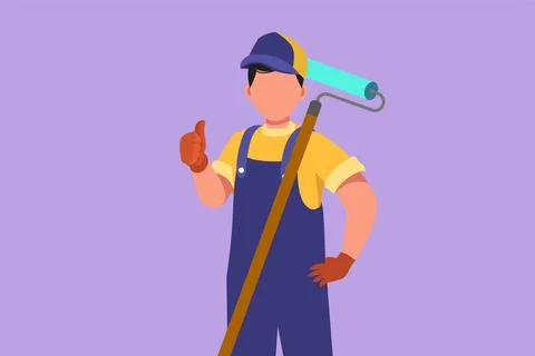 Cartoon flat style drawing active handyman holding long paintbrush roll wit.. Stock Illustration